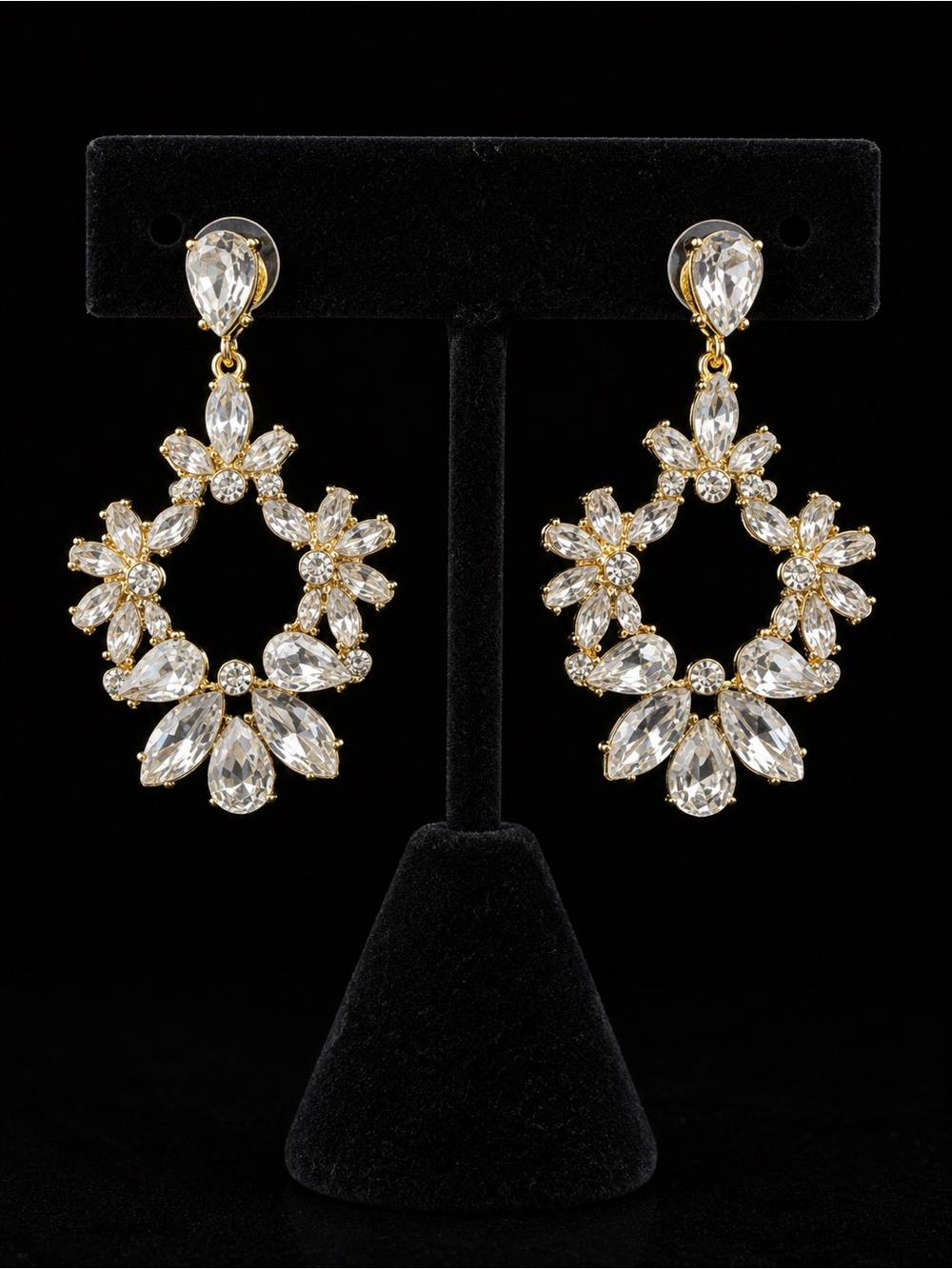 Gold and Clears Swarovski Elements Crystal Floral Hoop Drop Earrings